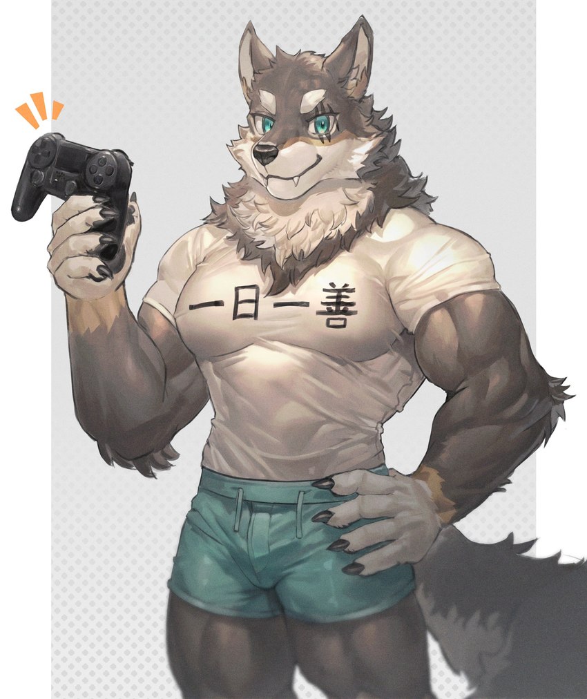 5_fingers anthro big_muscles black_claws black_nose blue_bottomwear blue_clothing blue_eyes blue_pants blue_shorts bottomwear claws clothed clothing controller countershading eye_scar facial_scar fangs fingers fluffy fluffy_tail four-character_idiom game_controller hand_on_hip holding_object looking_at_viewer male muscular muscular_anthro muscular_male muscular_thighs neck_tuft pants pecs scar shirt shorts smile smiling_at_viewer snaggle_tooth solo standing tail teeth text tight_clothing topwear tuft white_clothing white_shirt white_topwear neumokun vtuber ogami_aratsuka canid canine canis mammal wolf 2022 absurd_res hi_res japanese_text