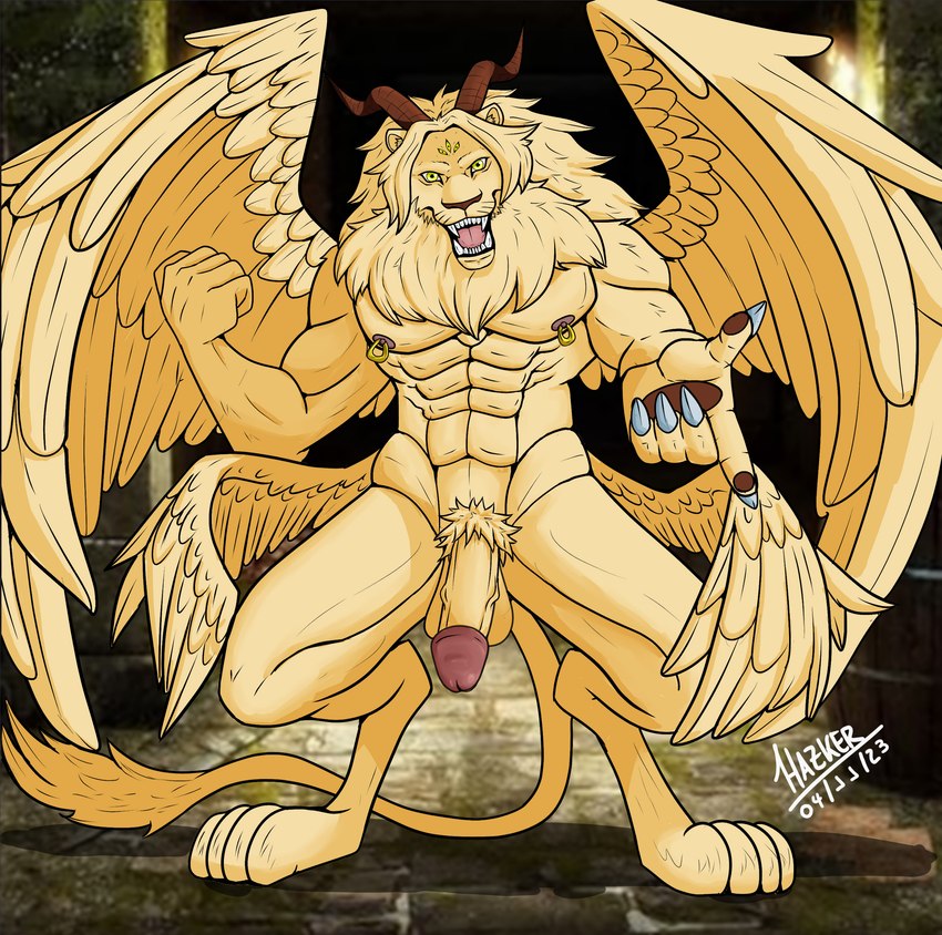 anthro balls feathered_wings feathers fur genitals horn humanoid_genitalia humanoid_penis male multi_eye multi_wing muscular muscular_anthro muscular_male nipple_piercing nipples open_mouth penis piercing pubes solo tail teeth_showing wings yellow_body yellow_eyes yellow_fur hazker delicious_in_dungeon winged_lion_(delicious_in_dungeon) felid lion mammal pantherine absurd_res hi_res