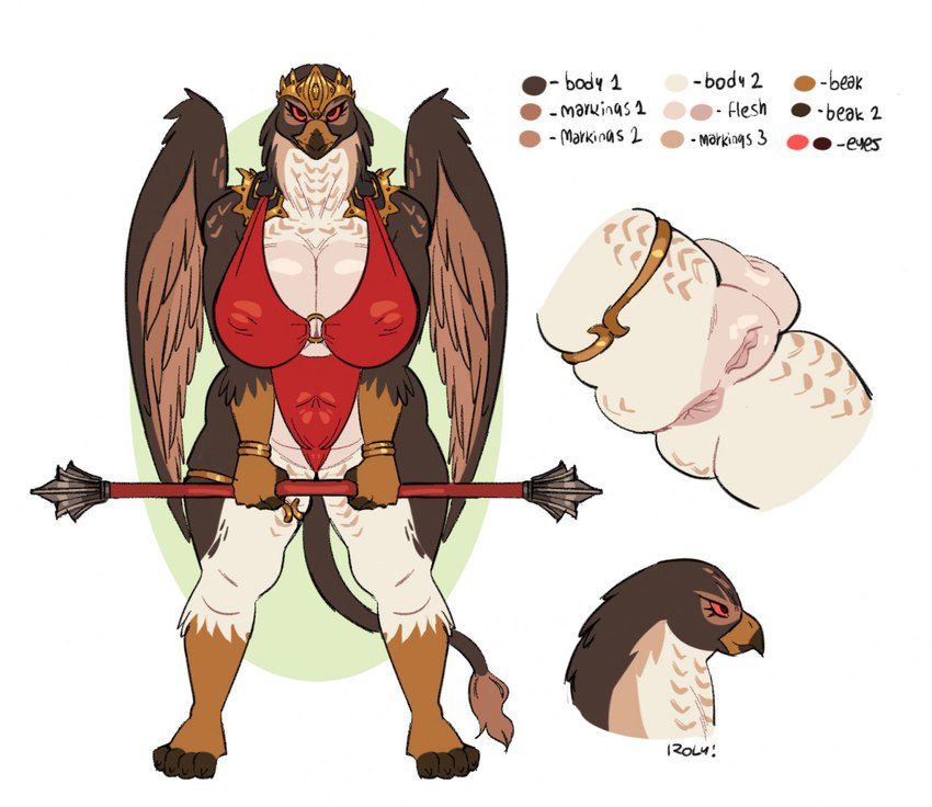 anthro anus armor back_wings barbarian big_breasts bikini bikini_armor bracelet breasts brown_body brown_feathers butt chainmail chainmail_bikini chainmail_lingerie cleavage clothed clothing crown fantasy feathered_wings feathers female genitals gold_legband half-closed_eyes headgear huge_breasts humanoid_genitalia humanoid_pussy jewelry narrowed_eyes neck_tuft pussy quarterstaff red_sclera simple_background solo swimwear tan_body tan_feathers thick_thighs tuft two-piece_swimsuit unconvincing_armor warrior white_background wide_hips wings roly mythology freya_(metalmax1991) avian gryphon mythological_avian mythological_creature 2022 digital_media_(artwork) model_sheet