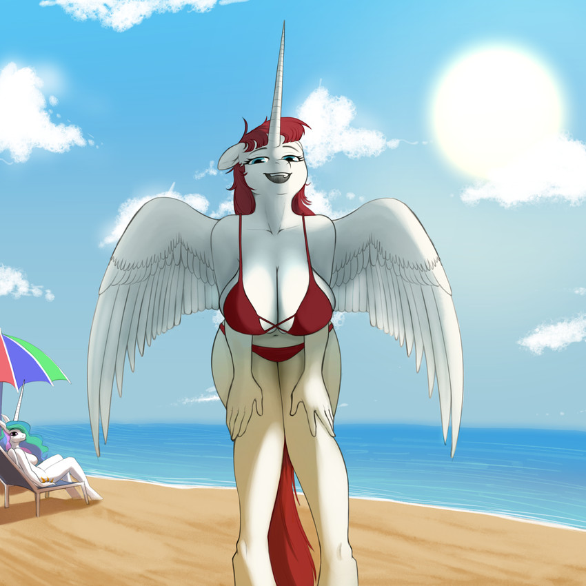 anthro anthrofied beach big_breasts bikini breasts cleavage clothed clothing duo female horn leaning leaning_forward mature_anthro mature_female nude outside seaside swimwear two-piece_swimsuit umbrella wings four_eyes_(artist) friendship_is_magic hasbro my_little_pony mythology lauren_faust_(character) princess_celestia_(mlp) equid equine mammal mythological_creature mythological_equine winged_unicorn 1:1 absurd_res hi_res