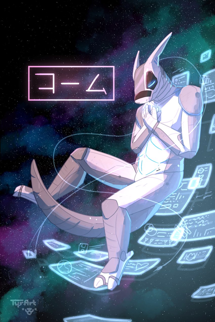 4_fingers anthro eyes_closed fingers floating hand_on_chest machine male solo space star tail text tyr_art komuros android robot synth_(vader-san) 2:3 absurd_res hi_res japanese_text