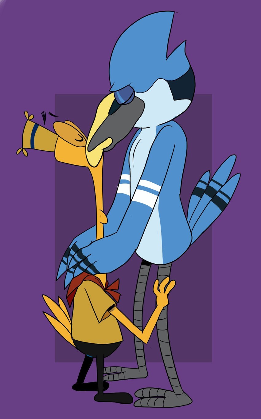 adult_on_young age_difference anthro clothed clothing duo eyes_closed feathers hand_on_leg hand_on_shoulder hat headgear headwear kissing male male/male tail tail_feathers young igotdragons camp_lazlo cartoon_network regular_show dave_(camp_lazlo) mordecai_(regular_show) avian bird blue_jay common_loon corvid jay_(bird) loon new_world_jay oscine passerine hi_res