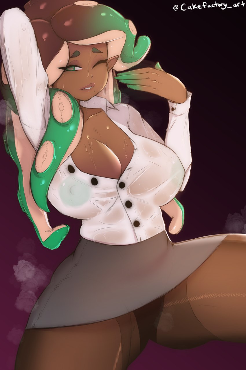 areola big_breasts bodily_fluids bottomwear breasts brown_hair cleavage clothed clothing dark_body dark_skin eyelashes female green_areola green_eyes green_hair green_nipples grey_bottomwear grey_clothing grey_skirt hair hand_behind_head horizontal_pupils huge_breasts humanoid_pointy_ears legwear looking_at_viewer markings mole_(marking) mole_under_mouth multicolored_hair musk musk_clouds nipples one_eye_closed pantyhose pointy_ears pseudo_hair pupils purple_background simple_background skirt solo spread_legs spreading sweat sweatdrop tentacle_hair tentacles thick_thighs topwear translucent translucent_clothing translucent_topwear two_tone_hair white_clothing white_topwear wide_hips wink winking_at_viewer cakefactoryart nintendo splatoon marina_(splatoon) animal_humanoid cephalopod cephalopod_humanoid humanoid marine marine_humanoid mollusk mollusk_humanoid octarian octoling octopus_humanoid absurd_res hi_res