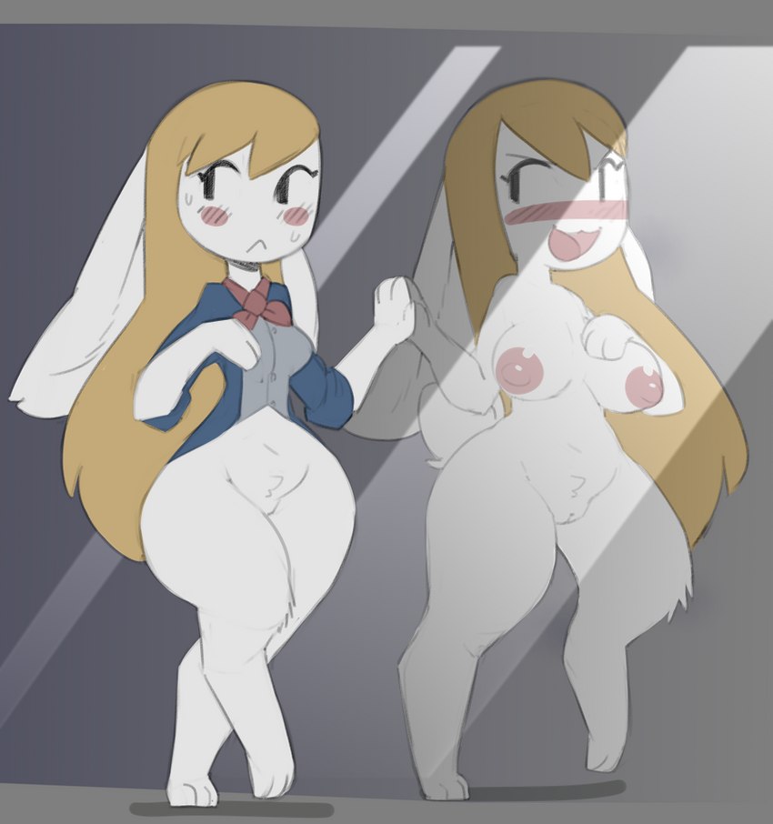 altered_reflection anthro big_breasts blush bottomless breasts clothed clothing dress female genitals mirror nipples nude pawpads pussy reflection small_tail solo tail 4chan_anon anonymous_artist alice_in_wonderland alice_(alice_in_wonderland) coupon_alice humanoid lagomorph leporid mammal rabbit