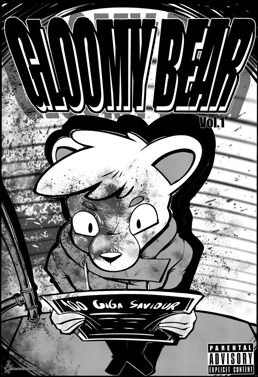 basic_shading blood bodily_fluids card clothing dirt foreshortening halftone height_meter hoodie parental_advisory_sticker simple_background title topwear masterzoroark666 gloomy_the_naughty_grizzly gloomy_bear bear brown_bear grizzly_bear mammal ursine black_and_white comic cover hi_res monochrome