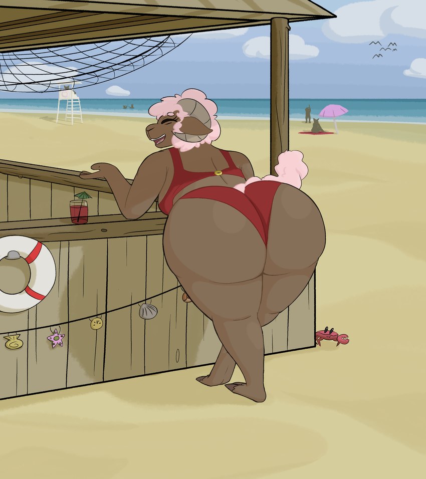 anthro beach beach_blanket beach_umbrella beverage big_butt bikini bra breasts brown_body butt butt_focus clothing cloud curvy_figure decoration detailed_background eyes_closed female fur group horn huge_butt huge_thighs hyper hyper_butt lifeguard_tower open_mouth overweight parasol pink_body pink_fur pink_wool rear_view sand sea seashell shadow shell side_boob silhouette sky slightly_chubby solo_focus swimwear tail thick_thighs two-piece_swimsuit umbrella_drink underwear wall_(structure) water wide_hips wood wood_wall wool_(fur) crispymutton background_character pacha_(crispymutton) bovid caprine mammal sheep absurd_res hi_res shaded trans_(lore) trans_woman_(lore)