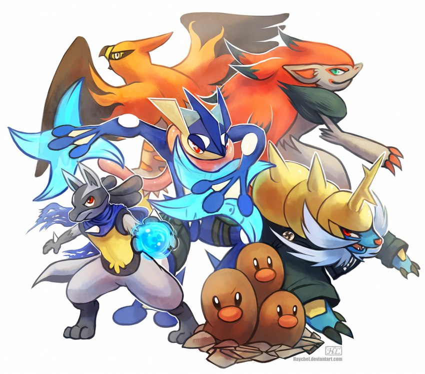 ambiguous_gender anthro attack aura_sphere black_body black_fur blue_body blue_fur feral fur group looking_back pokemon_move pose smile standing team_pose tongue water_shuriken yellow_body yellow_fur haychel nintendo pokemon amphibian avian bird canid canine dugtrio generation_1_pokemon generation_4_pokemon generation_5_pokemon generation_6_pokemon greninja lucario mammal pokemon_(species) samurott talonflame zoroark digital_media_(artwork) hi_res