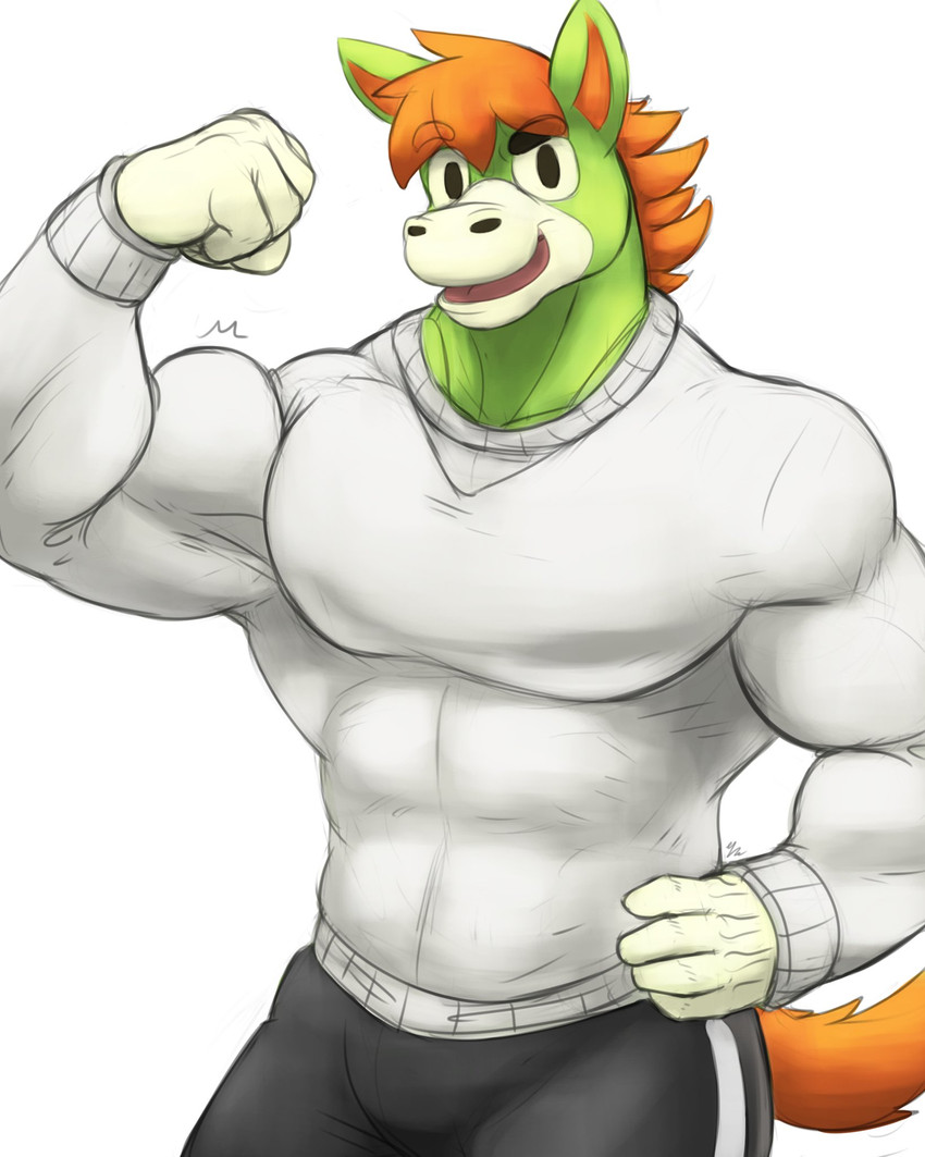 abs anthro biceps clothed clothing fur green_body green_fur hair looking_at_viewer male muscular muscular_anthro muscular_male orange_hair orange_tail pecs simple_background solo tail triceps white_background geodani animal_crossing nintendo buck_(animal_crossing) equid equine horse mammal hi_res