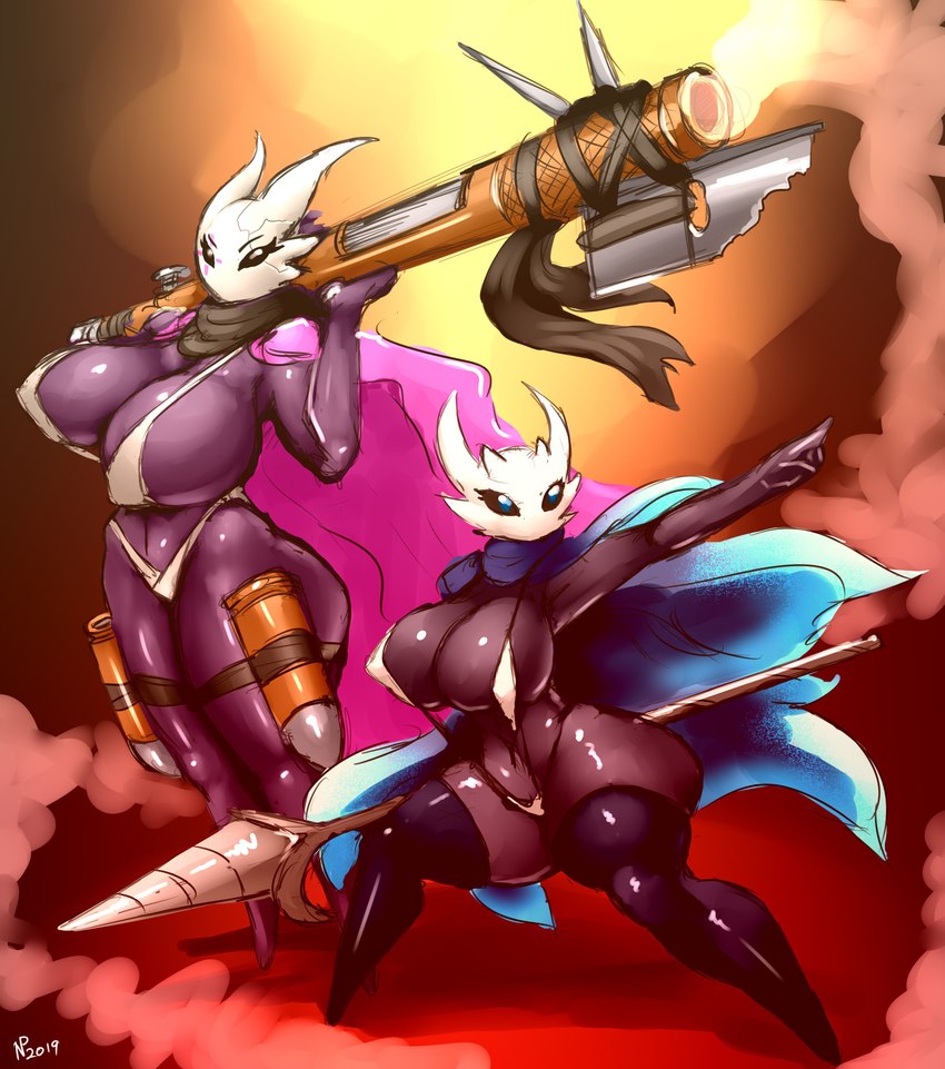 bikini black_body breasts clothing duo female fingers holding_object melee_weapon one-piece_swimsuit purple_body sling_bikini standing swimwear thick_thighs two-piece_swimsuit weapon gausscannon hollow_knight team_cherry fan_character kolibri_(gausscannon) lampy_(azura_inalis) vessel_(species) 2019 absurd_res hi_res