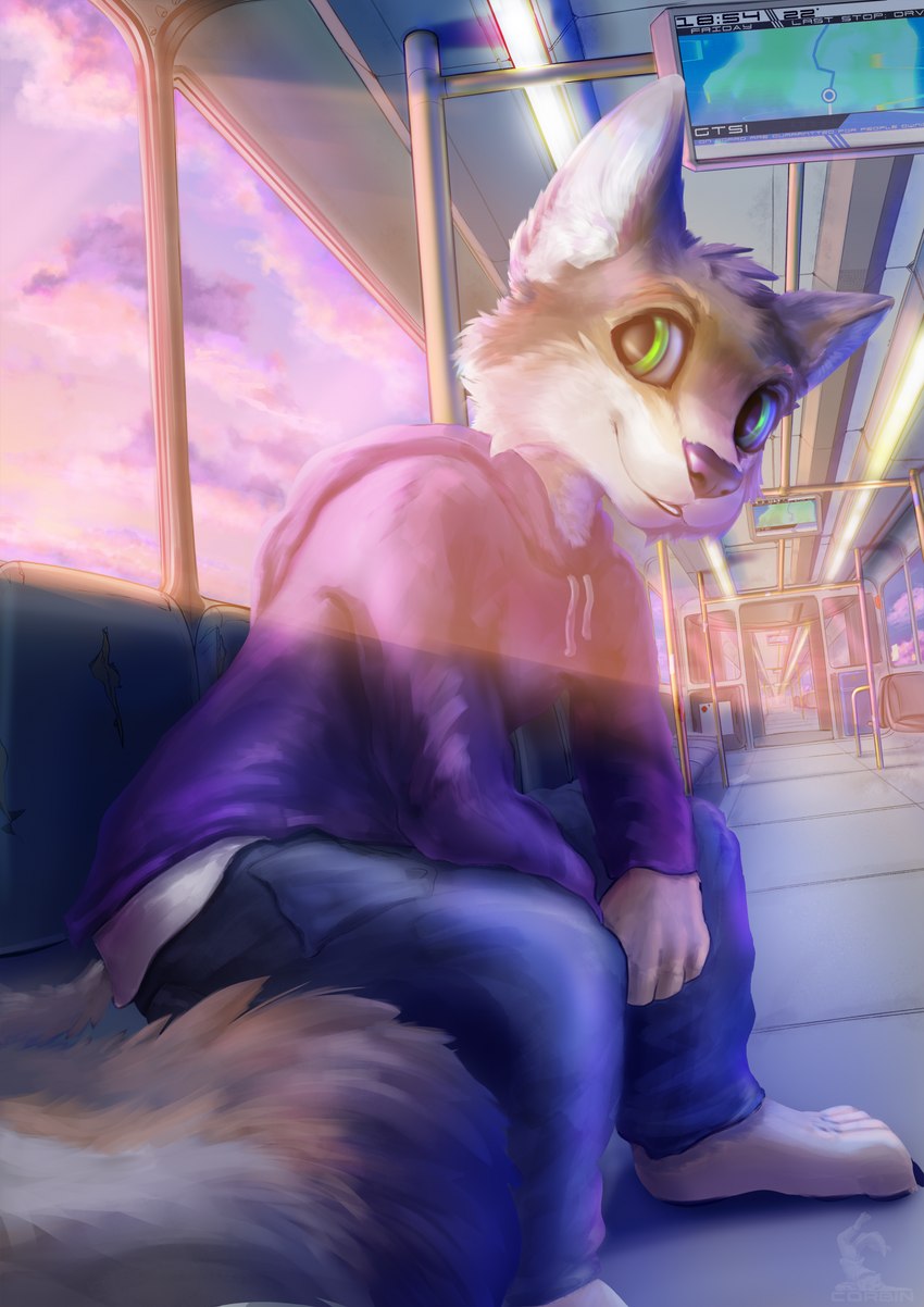 anthro blue_clothing cheek_tuft clothing cloud elbow_on_knee electronics evening facial_tuft feet fingers fluffy fluffy_tail fur green_eyes grey_body grey_fur inner_ear_fluff light looking_away male monitor monitors paws purple_clothing seat sitting sky smile solo sunlight tail teeth toes train tuft vehicle white_body white_clothing white_fur corbin_(roscy) canid canine canis mammal wolf hi_res