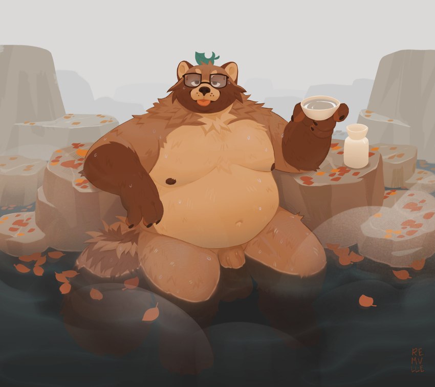 alcohol anthro areola balls belly belly_overhang beverage big_balls big_belly big_penis blep bottle claws container cup eyebrows eyewear flaccid fur genitals glans glasses holding_beverage holding_container holding_cup holding_object hot_spring humanoid_genitalia humanoid_penis leaf leaf_on_head looking_at_viewer male moobs narrowed_eyes navel nipples nude outie_navel outside overweight overweight_anthro overweight_male partially_submerged penis rock sake sitting skinny_dipping smile solo steam tongue tongue_out tuft vein water wet wet_body wet_fur remulle_(artist) toast_(roseonapot) canid canine mammal raccoon_dog tanuki 2025 absurd_res hi_res signature