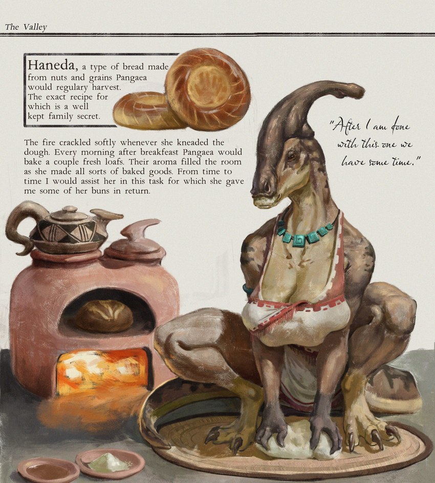 anthro appliance big_breasts bone_frill bread breasts clothed clothing crouching dough female fire food frill_(anatomy) jewelry journal_entry kitchen_appliance kneading necklace oven pottery salt solo story_in_picture text tribal upai pangaea_(upai) dinosaur hadrosaurid ornithischian ornithopod parasaurolophus prehistoric_species reptile scalie absurd_res digital_media_(artwork) english_text hi_res