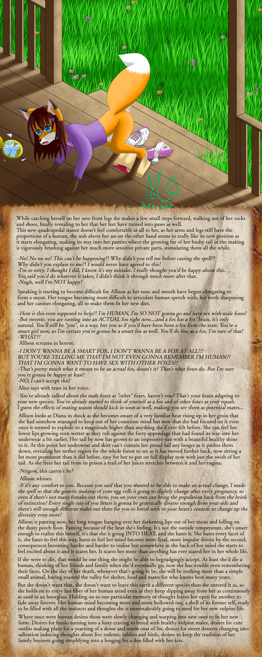 blue_eyes bodily_fluids bottomless clothed clothing discarded_clothing female feral forced forced_transformation genital_fluids mental_transformation outside quadruped solo teats text transformation vaginal_fluids shifty.imp canid canine fox mammal absurd_res english_text hi_res