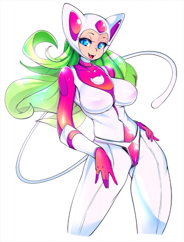 big_breasts blue_eyes breasts cat_costume clothed clothing costume female green_hair hair navel simple_background solo spandex tight_clothing white_background slugbox bust_a_groove kitty-n human humanoid mammal hi_res