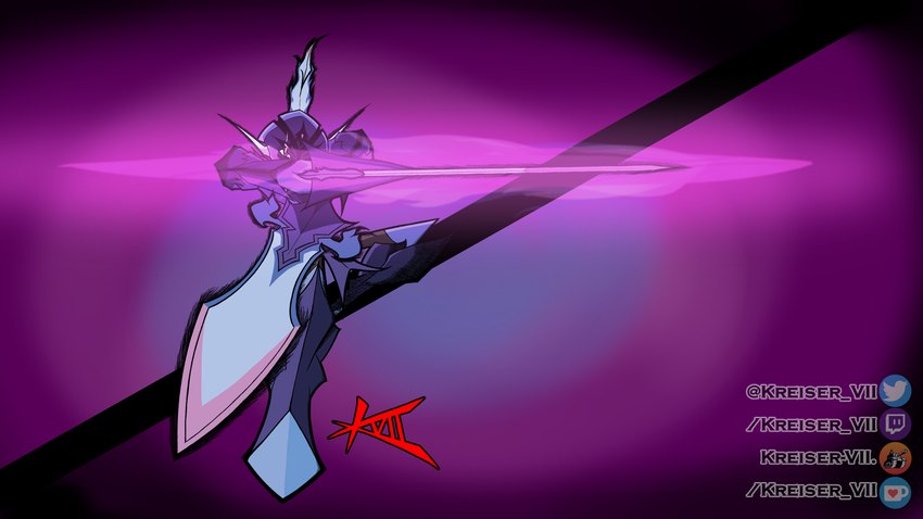 armor fire fire_in_eyes gradient_background melee_weapon purple_body simple_background solo sword weapon kreiser_vii game_freak nintendo pokemon ceruledge generation_9_pokemon humanoid pokemon_(species) 16:9 4k absurd_res hi_res widescreen