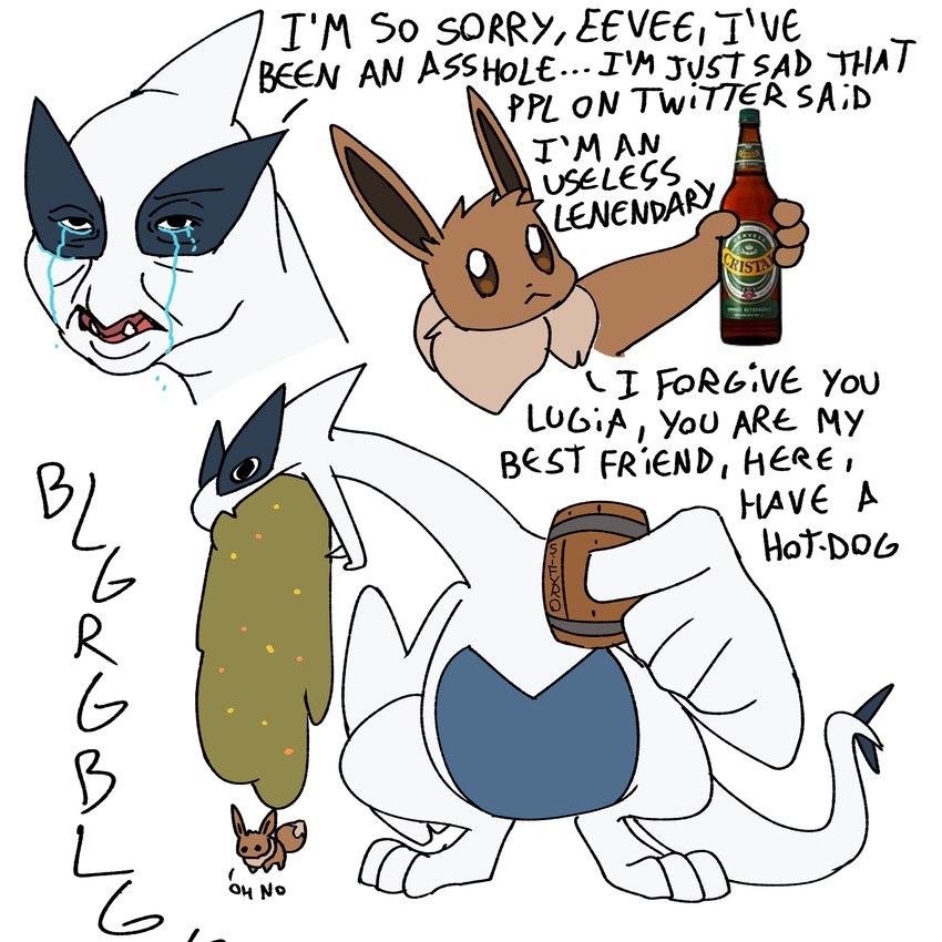 alcohol ambiguous_gender beer beverage bodily_fluids brown_body brown_fur depression dialogue fangs feral fur humor long_tail size_difference slightly_chubby tail teeth text vomit what white_body blitzdrachin conditional_dnp cerveza_cristal nintendo pokemon avian eevee generation_1_pokemon generation_2_pokemon legendary_pokemon lugia pokemon_(species) 1:1 2024 absurd_res comic english_text hi_res meme