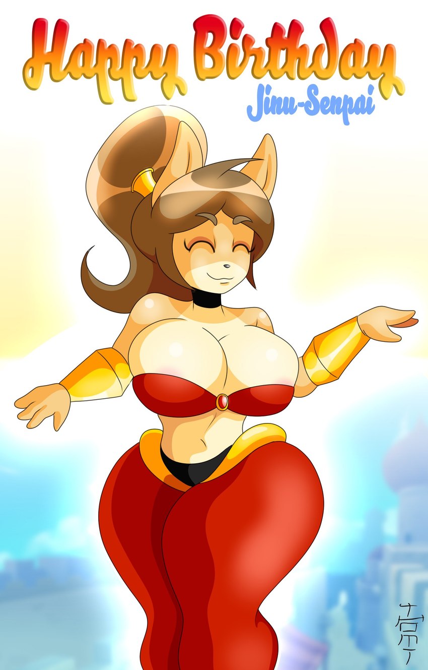 anthro big_breasts bottomwear braided_hair breasts brown_hair choker clothing cosplay dancing eyebrows eyes_closed female fur gold_(metal) gold_jewelry hair happy_birthday jewelry navel necklace ponytail simple_background slim smile solo standing tan_body tan_fur text thick_thighs thomi1513 shantae_(series) wayforward june_(jinu) shantae canid canine canis domestic_dog mammal shiba_inu spitz 2019 absurd_res english_text hi_res