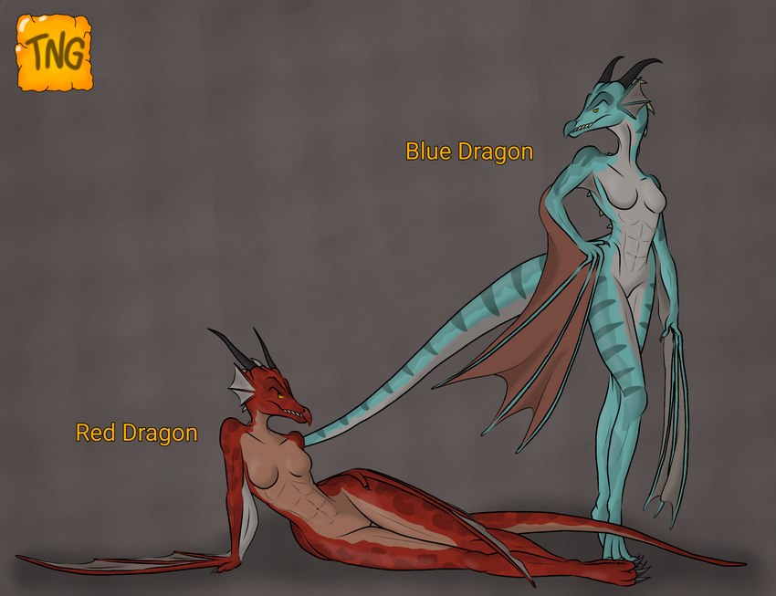 anthro athletic beak blue_body blue_scales duo female femme_fatale horn lying on_side red_body red_scales scales sensual tail text toned_female winged_arms wings the_nameless_guy demon's_souls european_mythology fromsoftware mythology demon dragon mythological_creature mythological_scalie scalie western_dragon wyvern english_text hi_res