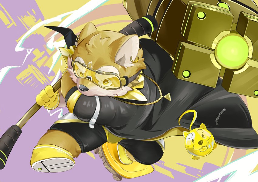 anthro bulge clothing eyewear fighting_pose fur goggles hammer male pose short_stack solo spandex superhero tight_clothing tools yellow_body yellow_fur hechaxianzhi lifewonders live_a_hero procy canid canine canis domestic_dog mammal absurd_res hi_res