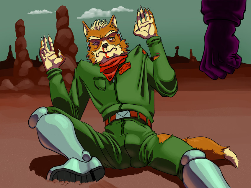 anthro biped black_eye_(injury) blood bodily_fluids brown_body bruised clothed clothing cloud countershade_hands countershading desert duo fist fully_clothed green_clothing kerchief male name_tag neckerchief neckwear nosebleed on_ground raised_hand sitting solo_focus uniform violence wounded wolf_hierophant nintendo star_fox fox_mccloud canid mammal 4:3 digital_media_(artwork) hi_res