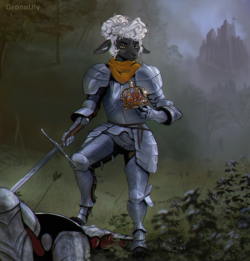 anthro armor arrow_(weapon) barefoot battlefield black_body black_fur brown_eyes castle chainmail clothing corpse couter crown cuirass cuisse curled_hair detailed_background dusk faulds feet female fog forest fur gauntlets gloves grass great_sword hair handwear headgear hooves kerchief knight knight_armor medieval medieval_armor melee_weapon neckerchief orange_eyes orange_scarf outside pauldron plackart plant plate_armor poleyn ranged_weapon rerebrace sabatons scarf schynbalds short_hair shrub solo standing sword tree unguligrade vambrace warrior weapon white_hair gronnulv bovid caprine mammal sheep full-length_portrait portrait