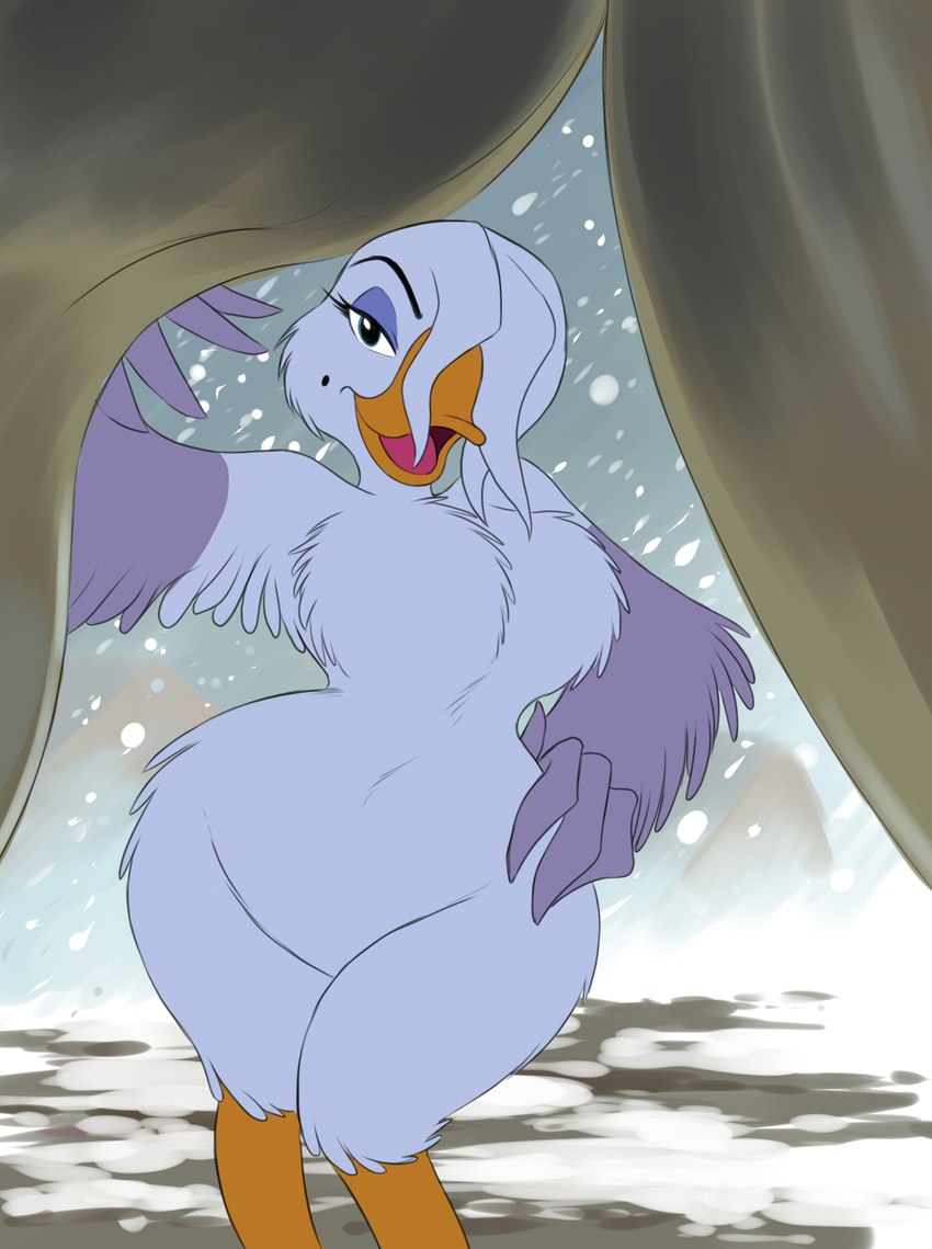 anthro beak bedroom_eyes big_breasts blue_eyes breasts eyeshadow featureless_breasts female hair hair_over_eye hand_on_hip knock-kneed looking_at_viewer makeup markings mole_(marking) narrowed_eyes one_eye_obstructed open_mouth seductive snow solo thick_thighs tongue wide_hips chochi balto_(series) universal_studios stella_(balto) anatid anseriform anserinae avian bird goose snow_goose hi_res portrait three-quarter_portrait