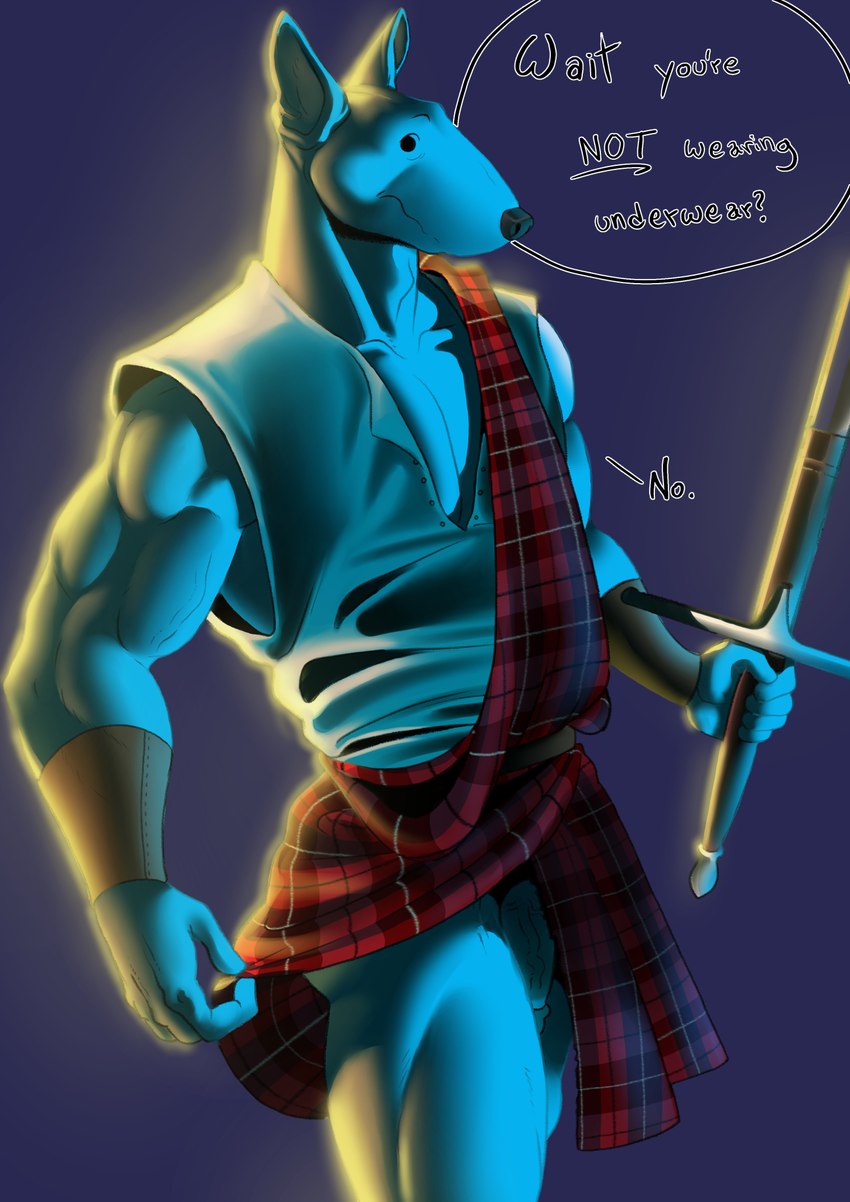 anthro bottomwear circumcised claymore clothing flaccid genitals great_kilt humanoid_genitalia humanoid_penis kilt male melee_weapon muscular muscular_anthro muscular_male penis plaid simple_background simple_eyes solo sword text vein veiny_penis wallace_tartan weapon tush_(artist) julius_(tush) bull_terrier canid canine canis domestic_dog hunting_dog mammal terrier 2021 english_text hi_res