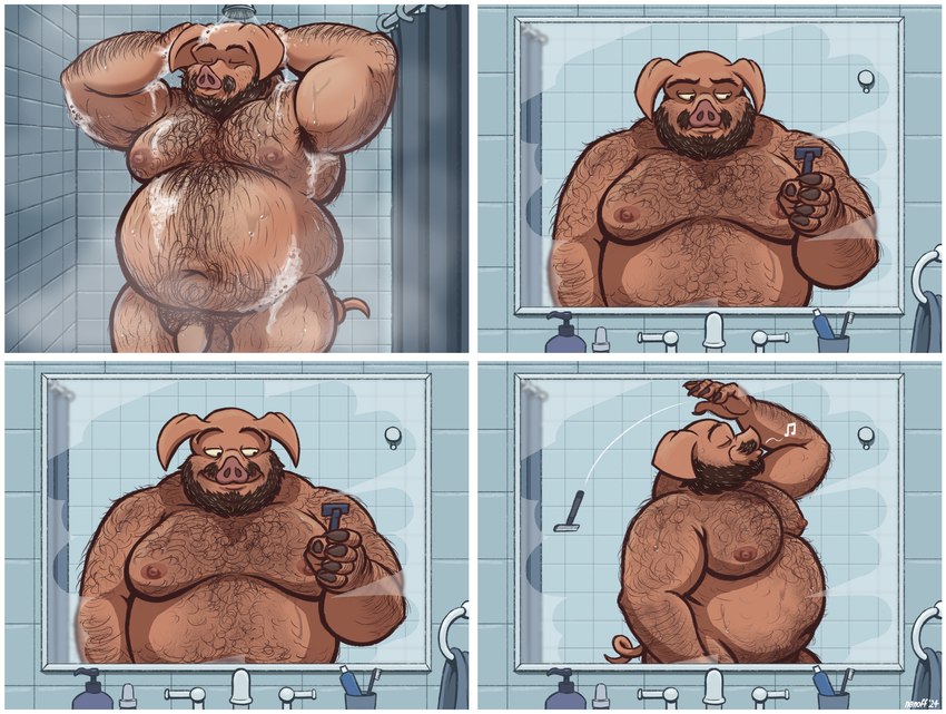 anthro armpit_hair balls bathing bathroom beard body_hair chest_hair facial_hair flaccid foreskin genitals hair hairy hairy_balls looking_at_mirror looking_at_object male mature_male mirror mirror_pov moobs musclegut muscular mustache nipples nude nude_male overweight overweight_male pecs penis raised_arms showering smile solo steam suds wet_hair nanoff joe_(nanoff) domestic_pig mammal suid suina sus_(pig) absurd_res comic hi_res