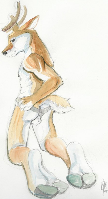 2_toes anthro antlers backsack balls butt clothing feet genitals hooves horn jockstrap looking_at_viewer male solo toes underwear undressing fel deer mammal 2007 hi_res