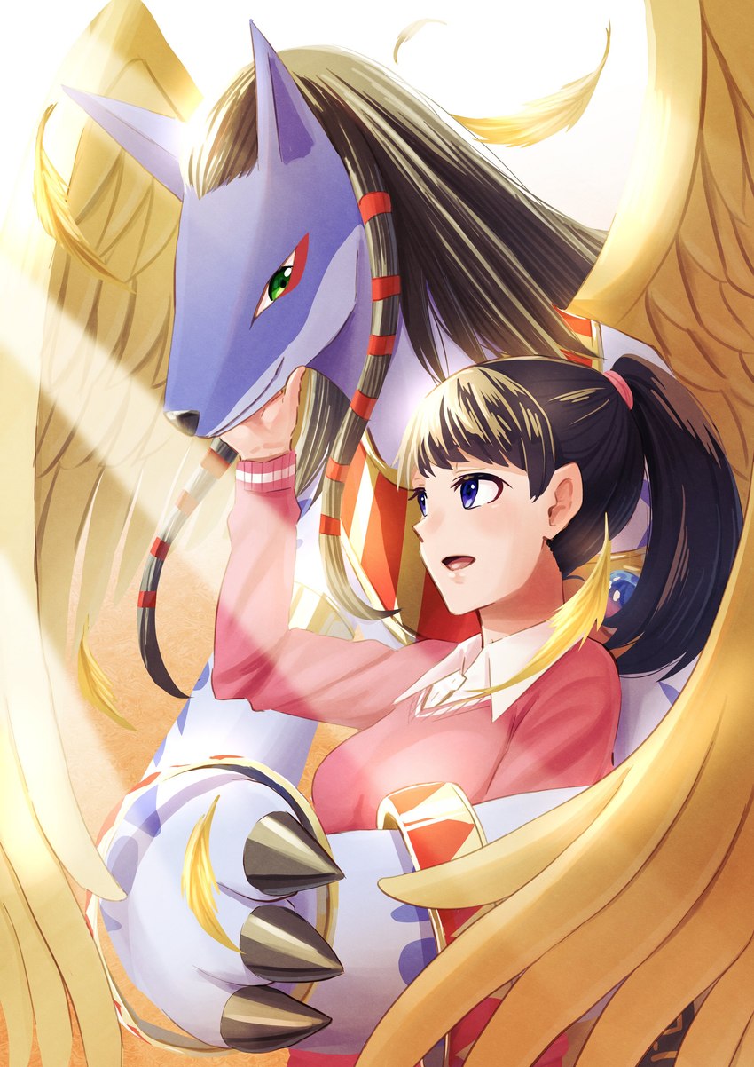 3_fingers accessory anthro big_hands black_hair blue_body blue_eyes clothing duo egyptian egyptian_clothing feathers female fingers green_eyes hair hair_accessory hug hugging_another hugging_from_behind larger_anthro looking_at_another ponytail size_difference smile wings yellow_body yellow_feathers hase_popopo bandai_namco digimon digimon_survive aoi_shibuya labramon_(survive) anubian_jackal anubismon canid canine canis digimon_(species) human jackal mammal absurd_res hi_res