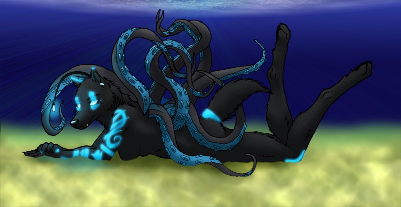 anthro bioluminescence breasts detailed_background female glowing pose seabed solo suction_cup tail tentacles underwater water foxywolf kailani canid canine cephalopod coleoid mammal marine mollusk octopodiform pinup