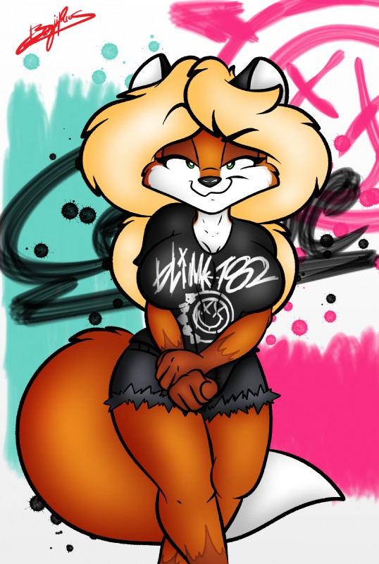 anthro big_breasts blonde_hair breasts clothed clothing crossed_legs eyelashes female gloves_(marking) green_eyes hair long_hair looking_at_viewer markings pose solo standing benjipaws blink-182 celine_foxx canid canine fox mammal red_fox true_fox 2019 hi_res signature