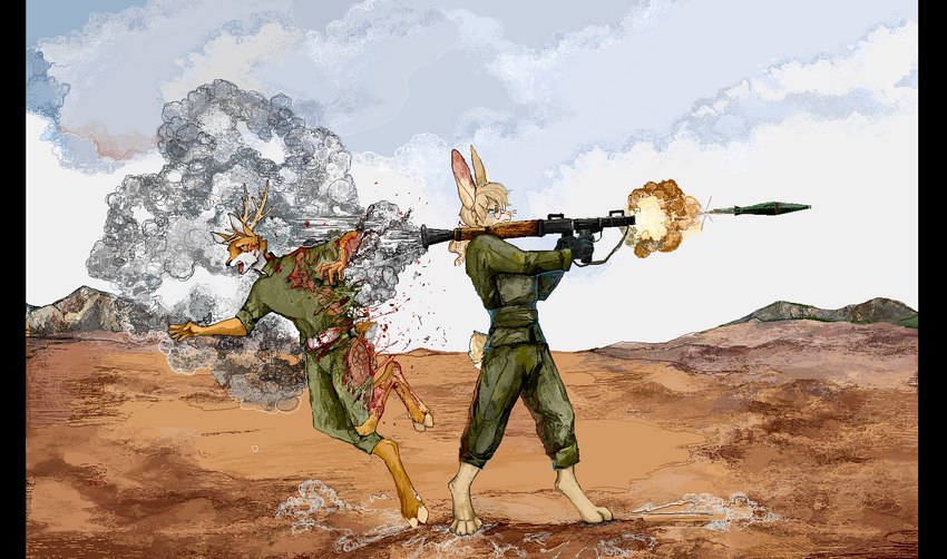anthro burn burn_marks death_focus duo explosion eyewear femboy glasses gore male male/male military ranged_weapon rocket_launcher unsteady weapon jeffusherb deer domestic_cat felid feline felis lagomorph leporid mammal rabbit hi_res