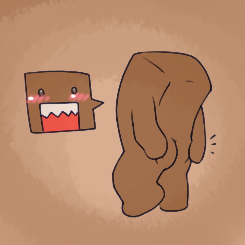 ambiguous_gender black_eyes blush brown_body brown_fur butt butt_grab fur hand_on_butt not_furry nude open_mouth rear_view sharp_teeth simple_background solo speech_bubble standing teeth argon_vile domo-kun unknown_species 1:1 2018 digital_media_(artwork) hi_res pictographics