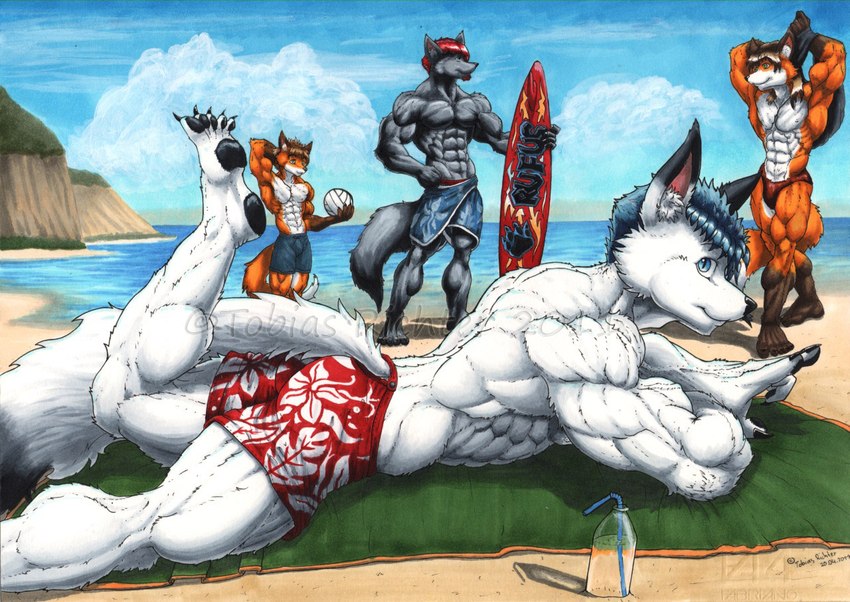 5_fingers 5_toes abs anthro back_muscles ball barefoot beach beach_towel biceps big_chest big_muscles black_body black_claws black_fur black_hair black_markings black_nose black_pawpads blue_eyes bottle bottomwear broad_shoulders brown_body brown_fur brown_hair calf_muscles cheek_tuft chin_tuft claws cliff clothed clothing container day deltoids dipstick_ears dipstick_tail ear_markings facial_hair facial_tuft feet finger_claws fingers fist fluffy fluffy_tail forearm_muscles fur gesture gloves_(marking) goatee green_eyes group hair hand_behind_head hand_on_hip hands_behind_head happy holding_ball holding_object holding_surfboard holding_volleyball huge_muscles humanoid_feet inner_ear_fluff leg_markings long_hair looking_at_viewer lying male markings multicolored_ears muscular muscular_anthro muscular_male navel obliques on_front on_towel orange_body orange_fur outside pawpads pecs plantigrade pose pupils quads raised_foot red_hair relaxing sand sea serratus shorts shorts_only slit_pupils smile socks_(marking) solo_focus speedo speedo_only standing striated_muscles surfboard swimming_trunks swimwear tail tail_markings toe_claws toes topless towel triceps tuft two_fingers_up undressing vascular veiny_arms veiny_hands volleyball_(ball) water waving white_body white_fur djdarkfox andre_(newberrychucks) dj_(djdarkfox) jake_(fdinasty) rufus_(shinobi09) arctic_fox canid canine canis fox mammal red_fox true_fox wolf 2011 artist_name dated signature traditional_media_(artwork) watermark