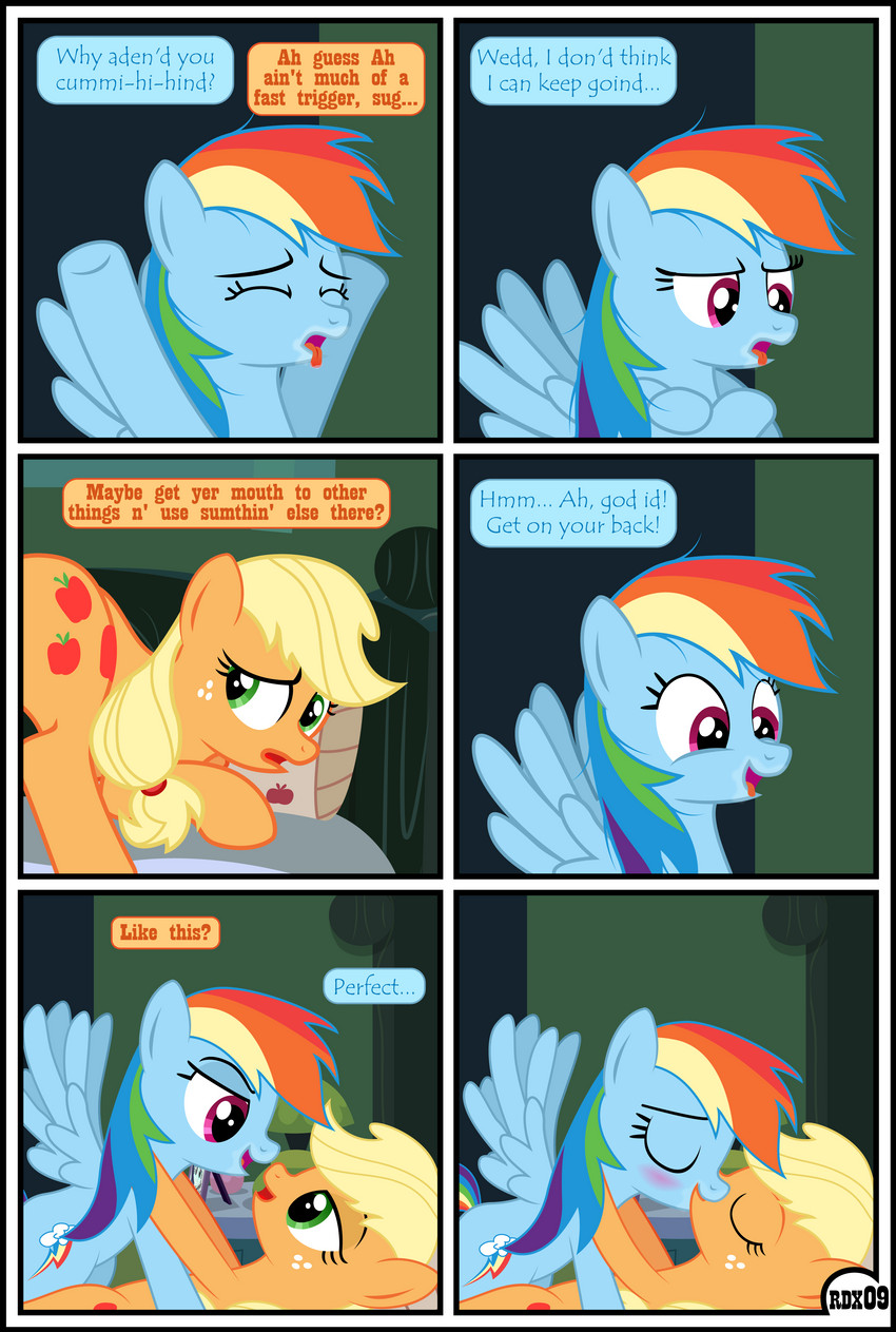 base_three_layout blonde_hair bodily_fluids dialogue duo female female/female feral genital_fluids grid_layout hair orange_body six_frame_grid six_frame_image text three_row_layout vaginal_fluids gutovi-kun friendship_is_magic hasbro my_little_pony applejack_(mlp) rainbow_dash_(mlp) equid mammal absurd_res comic english_text hi_res