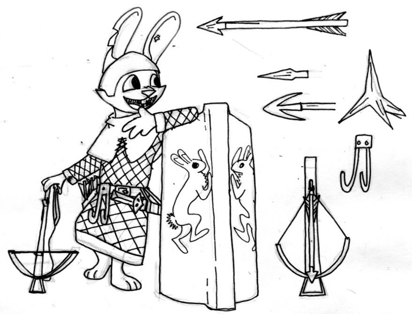 3_toes 4_fingers anthro arbalist armor arrow_(weapon) arrowhead belt buckteeth caltrop caltrops cheek_tuft coat_of_arms crest_(heraldry) crossbow crossbow_bolt facial_tuft feet feral fingers fur gambeson headgear helm_(armor) helmet heraldry holding_crossbow holding_object holding_weapon male medieval medieval_shield melee_weapon notched_ear open_mouth open_smile pavise ranged_weapon scabbard scut_tail sheathed_sword shield short_tail simple_background smile solo sword symbol tail teeth toes tuft weapon white_background white_body white_fur labjer disney zootopia fan_character lagomorph leporid mammal rabbit 2016 black_and_white monochrome sketch traditional_media_(artwork)