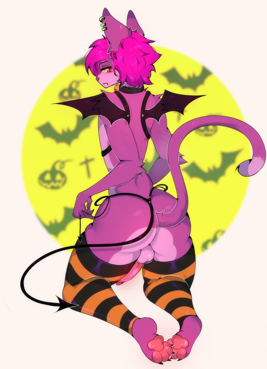 anthro bell bell_collar cat_tail claws clothing collar costume femboy footwear genitals halloween_costume holidays male pawpads paws penis socks solo spade_tail tail tylerayrton halloween domestic_cat felid feline felis mammal absurd_res hi_res