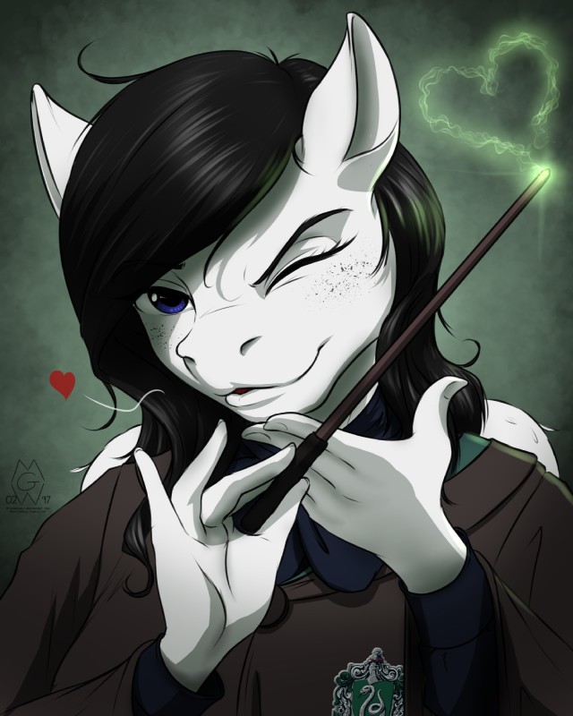 anthro black_hair blue_eyes clothing female freckles glowing hair heart_symbol hogwarts_uniform kissing magic magic_wand one_eye_closed school_uniform slytherin solo uniform wings wink mykegreywolf harry_potter_(series) hasbro my_little_pony mythology fan_character lamika equid equine mammal mythological_creature mythological_equine pegasus 2017 4:5 hi_res