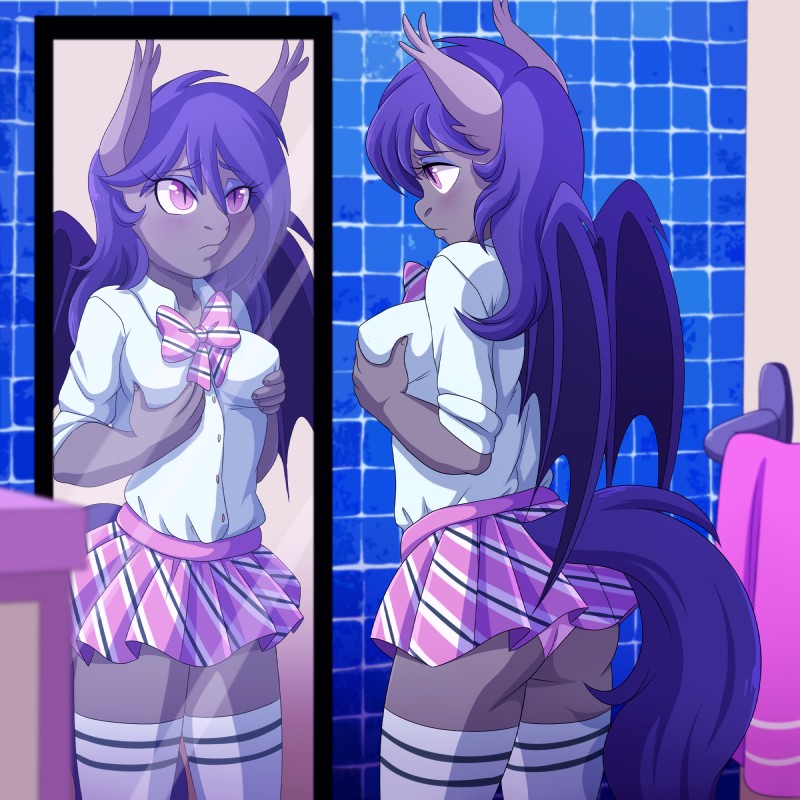 anthro bat_wings bathroom blush bottomwear clothed clothing detailed_background ear_tuft eyebrows eyelashes eyeshadow female footwear fully_clothed inside legwear looking_at_mirror looking_at_object makeup membrane_(anatomy) membranous_wings miniskirt mirror panties pupils reflection school_uniform skirt slit_pupils socks solo stockings thigh_highs thigh_socks tuft underwear uniform wings g-blue16 hasbro my_little_pony dusk_rhine fan_character bat_pony equid mammal 1:1 2016 digital_media_(artwork) hi_res portrait three-quarter_portrait