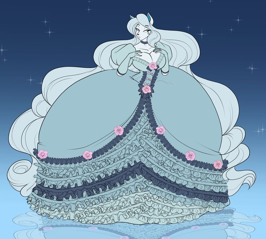 anthro ball_gown big_breasts big_dress biped breasts cleavage clothed clothing elegant elegant_dress female hair long_hair solo toughset nintendo pokemon alolan_form alolan_ninetales generation_7_pokemon pokemon_(species) regional_form_(pokemon) 2023 blue_theme cool_colors digital_drawing_(artwork) digital_media_(artwork) full-length_portrait hi_res portrait