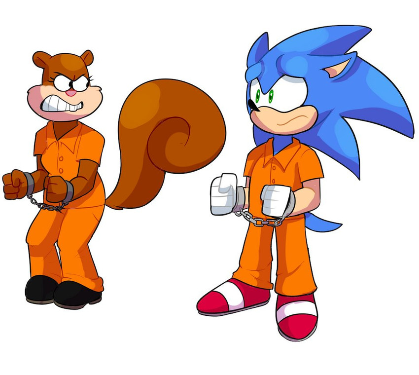 anthro cuff_(restraint) duo frustrated handcuffed handcuffs inmates_clothing metal_cuffs orange_jumpsuit prison prison_suit prison_uniform prisoner restraints shackles dankmemebirb360 nickelodeon sega sonic_the_hedgehog_(series) spongebob_squarepants sandy_cheeks sonic_the_hedgehog eulipotyphlan hedgehog mammal rodent sciurid tree_squirrel crossover