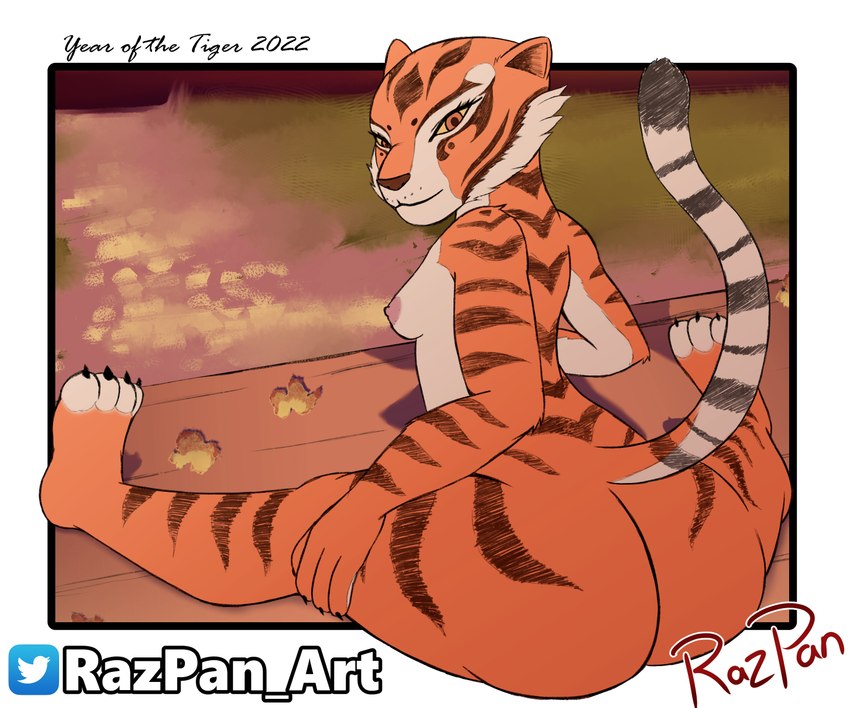 anthro big_butt black_stripes black_tail_tip black_toe_claws breasts brown_nose butt claws dipstick_tail female finger_claws fur looking_at_viewer looking_back looking_back_at_viewer markings nipples nude nude_female orange_body orange_eyes orange_fur pink_nipples sitting solo striped_body striped_fur striped_markings striped_tail stripes tail tail_markings tan_body tan_fur tan_tail toe_claws razpan chinese_zodiac dreamworks kung_fu_panda year_of_the_tiger master_tigress felid mammal pantherine tiger hi_res