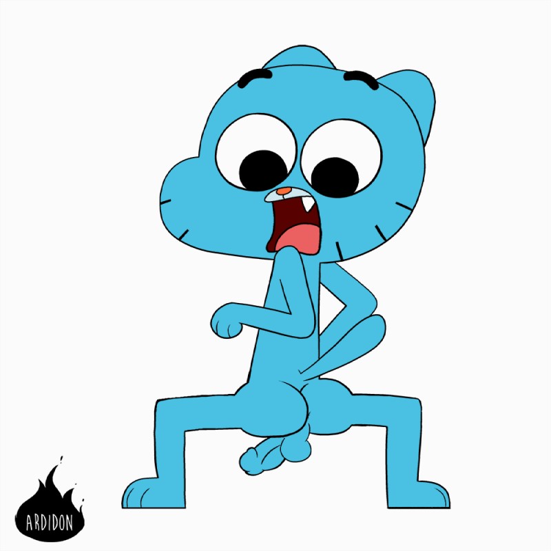 anthro anus balls blue_body blue_fur butt crouching erection eyebrows fur genitals male nude open_mouth penis raised_eyebrows raised_tail shocked simple_background solo standing tail tongue whiskers white_background young young_anthro ardidon cartoon_network the_amazing_world_of_gumball gumball_watterson domestic_cat felid feline felis mammal 1:1 2018 digital_media_(artwork)