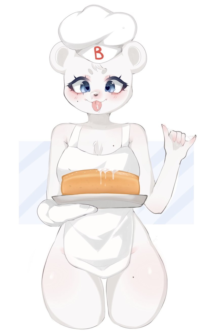 anthro apron blue_eyes blush breasts cake chef_hat clothed clothing dessert female food frosting fur hat headgear headwear heart_eyes heart_symbol holding_cake holding_food holding_object pink_tongue solo standing tongue tongue_out white_body white_fur fredek666 bimbo_(bakery) bimbo_bear bear mammal digital_media_(artwork) hi_res portrait shaded three-quarter_portrait