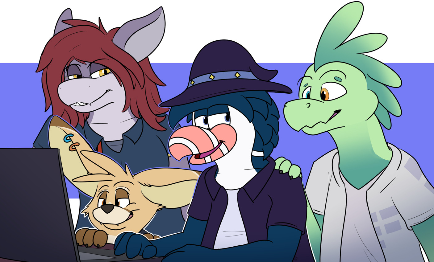 anthro beak black_claws black_nose blue_body blue_clothing blue_eyes blue_feathers blue_shirt blue_topwear claws clothed clothing computer ear_piercing ear_ring electronics feathers female finger_claws fur green_body green_hair green_scales grey_body grey_clothing grey_inner_ear grey_scales grey_shirt grey_topwear group hair hat headgear headwear heterochromia laptop looking_at_another looking_back male open_clothing open_shirt open_topwear piercing pink_beak pupils purple_clothing purple_hat purple_headwear purple_shirt purple_topwear red_eyes red_hair ring_piercing scales shirt shoulder_grab striped_beak tan_body tan_fur tan_inner_ear topwear white_beak white_body white_feathers witch_hat yellow_eyes serule cutting_edge:_roots_of_mutation brooke_sharpfin peri_maddock serule_(fursona) spark_(cutting_edge) avian bird canid canine fennec_fox fish fox helmeted_lizard lizard mammal marine plumed_basilisk reptile scalie shark toucan true_fox 2025 hi_res nonbinary_(lore)