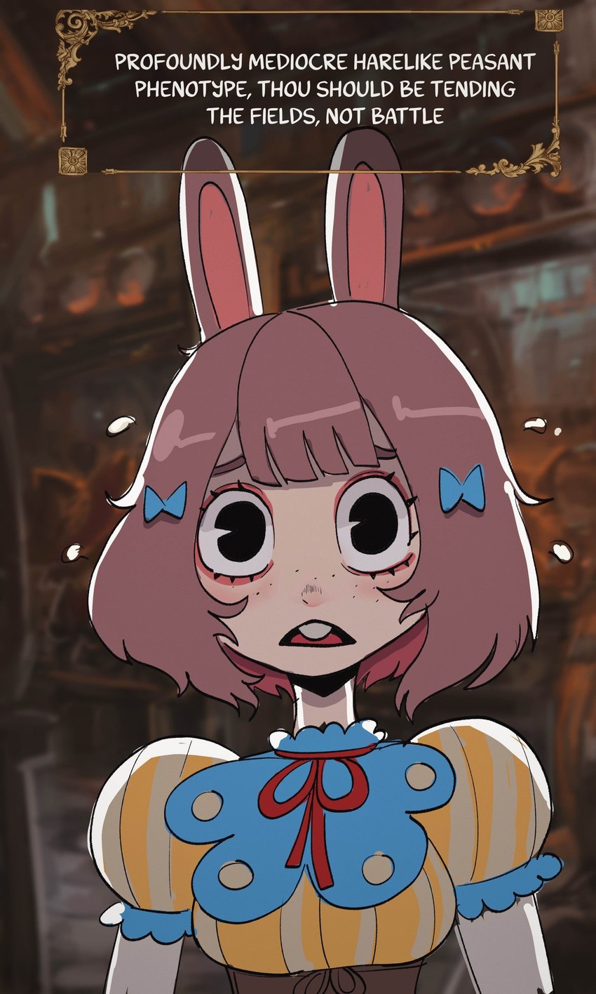 female looking_at_viewer offscreen_character sad shocked solo text basedbinkie klara_(basedbinkie) animal_humanoid humanoid lagomorph lagomorph_humanoid leporid_humanoid mammal mammal_humanoid rabbit_humanoid absurd_res english_text hi_res