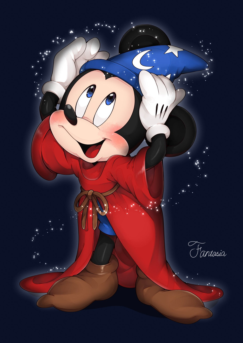 anthro blush clothing footwear gloves handwear hat headgear headwear male open_mouth open_smile robe simple_background smile solo sparkles text tongue wizard_hat sh_disney disney mickey_mouse mammal mouse murid murine rodent 2020 hi_res