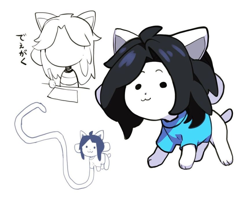 clothed clothing hair simple_background topwear white_body fvvoogg17 undertale undertale_(series) bob_(undertale) temmie_(undertale) canid canine felid feline mammal tem