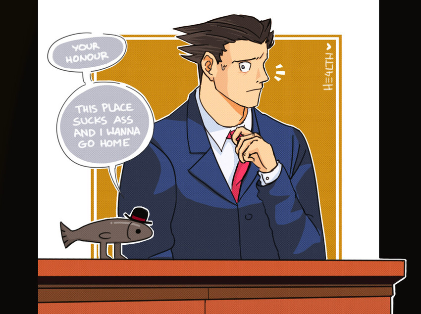 biped blue_clothing blue_suit clothing courtroom dialogue duo fish_tail grey_body hat headgear headwear lawyer male necktie profanity red_necktie simple_background simple_eyes suit text worried he4lth ace_attorney capcom dingaling_productions lisa_the_painful harvey_alibastor phoenix_wright fish human mammal marine english_text